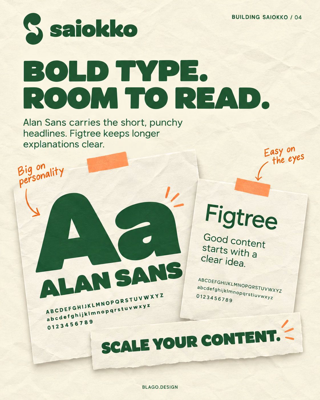 Saiokko typography presentation showing display lettering and supporting text