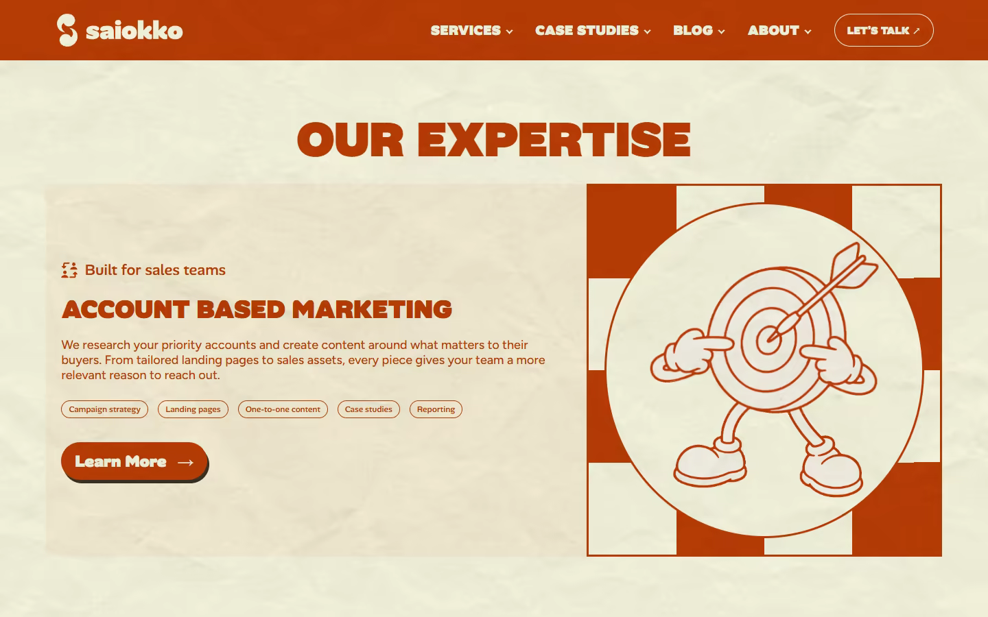 Account Based Marketing section with target mascot and rust red service card