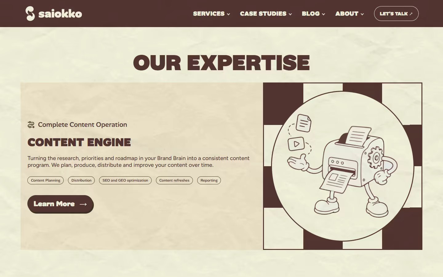Content Engine section with printing machine and brown service card