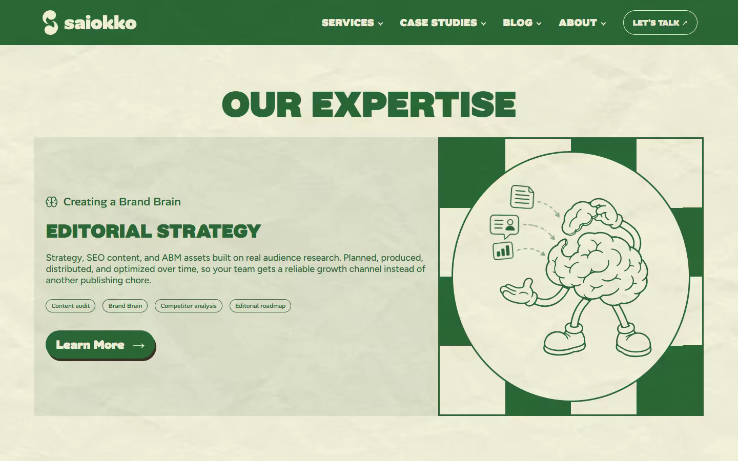 Editorial Strategy section with the brain mascot and green service card