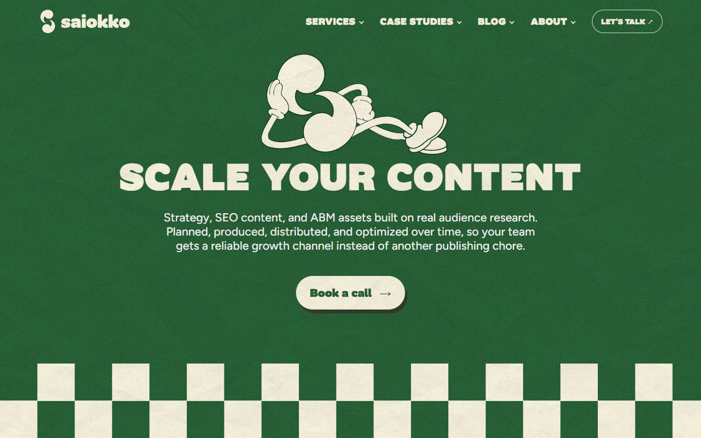 saiokko homepage, the cream mascot and Scale your content headline on green paper